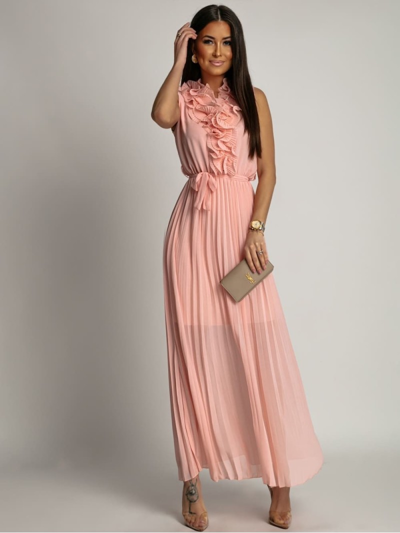 Pleated maxi dress with ruffle, light pink 18968